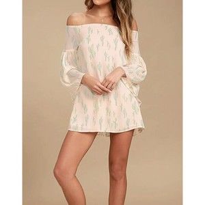Lulu's Saguaro Tomorrow Blush Pink Cactus Print Off Shoulder Dress Size Medium